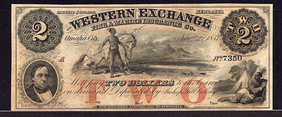 Omaha City, Nebraska 1857 $2, Western Exchange Fire & Marine Insurance Co., SN 7350 Remainder, GemCU